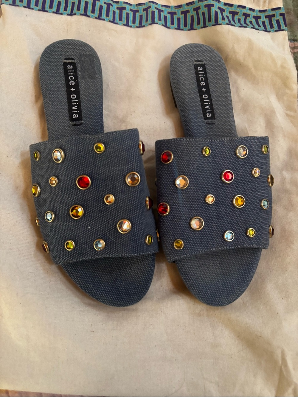Alice + Olivia Denim Slide Sandals with Multicolor Gem Accents